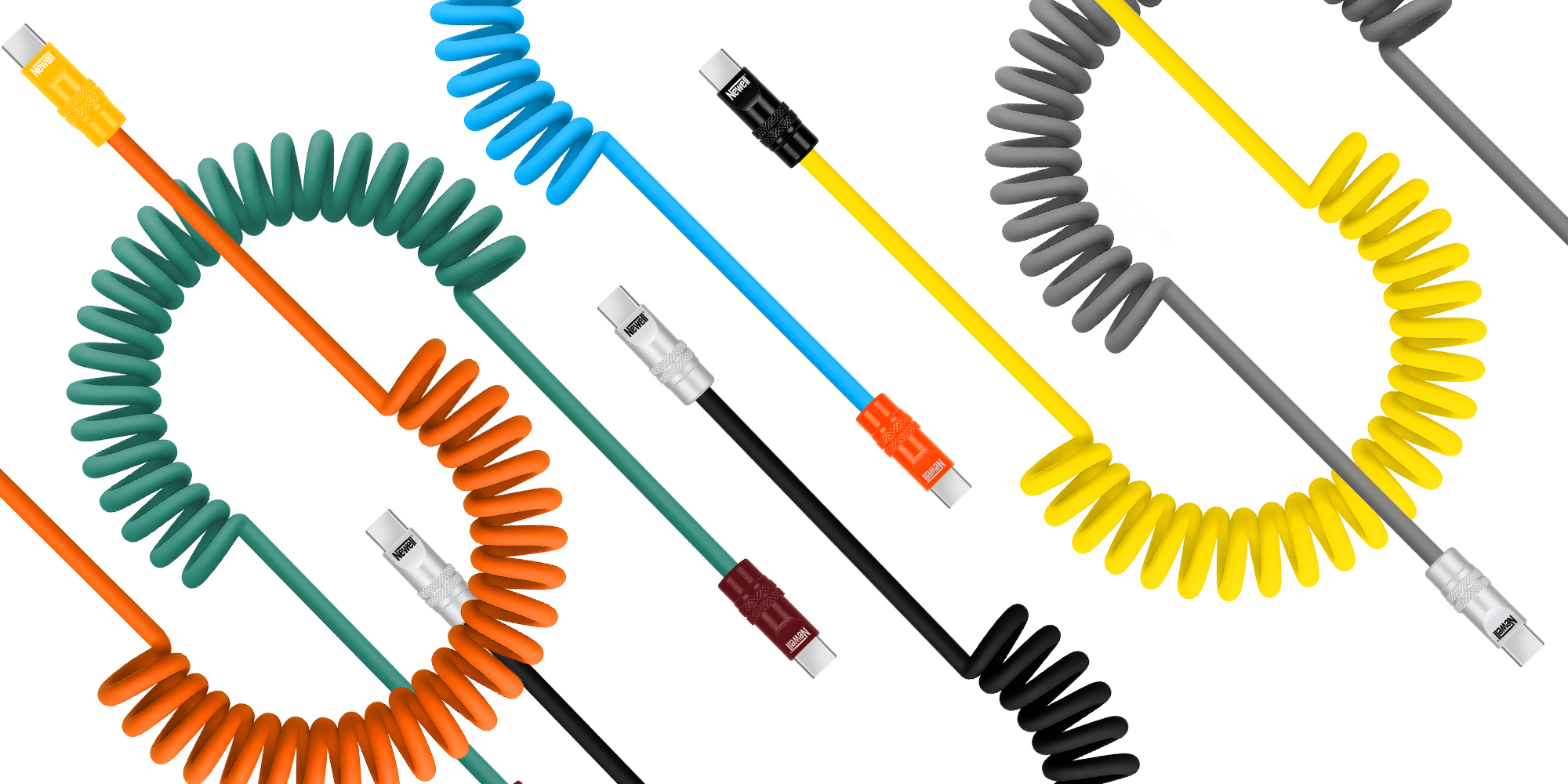 Kabel Newell USB-C - USB-C 100 W, 1,5 m, silikonowy, spiralny, zielono-bordowy